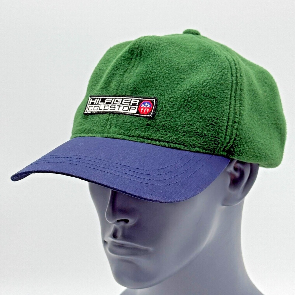 Vintage Tommy Hilfiger Hat Cap Green Blue Coldstop Strapback Fleece Streetwear